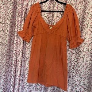 Billabong Rust Orange Puff Sleeve V-Neck Mini Dress